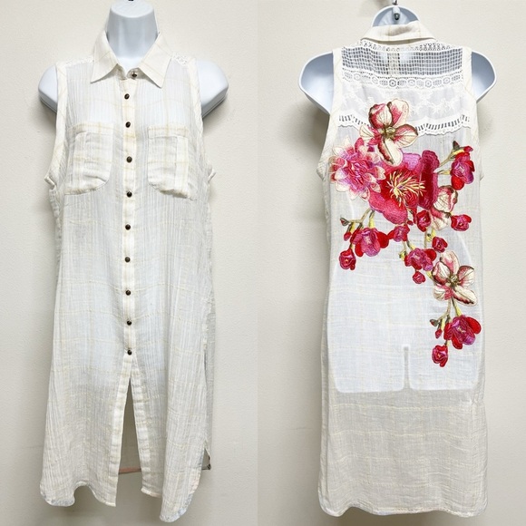 Aratta Tops - Aratta Silent Journey Womens Sleeveless Floral Embroidered Button Up Tunic Top